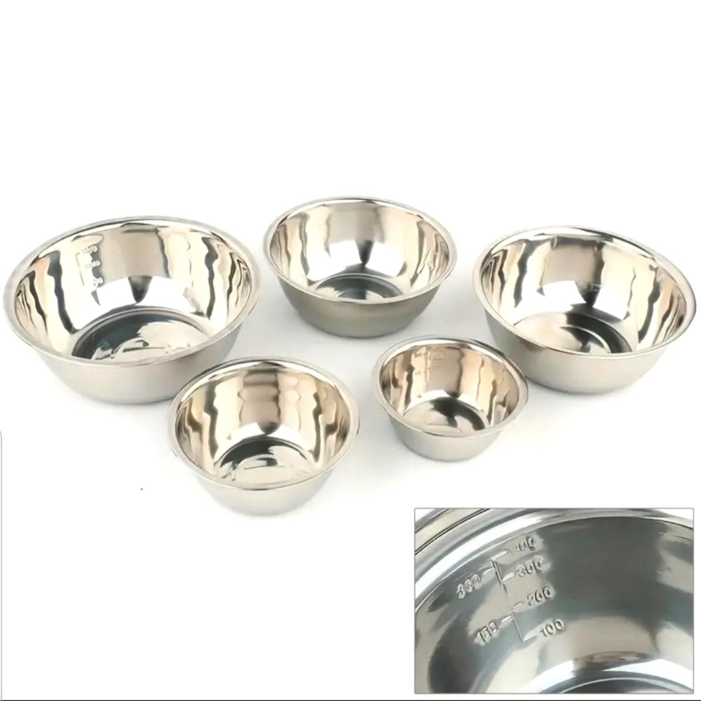 - 5pcs Stainless Steel Mixing Bowls with measuring lines on inside.
